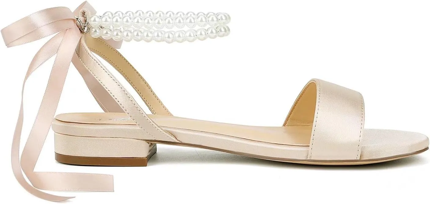 Satin Wedding Flats for Bride Pearl Sandals Open Toe Bridal Shoes Flat Wedding Shoes for Bride