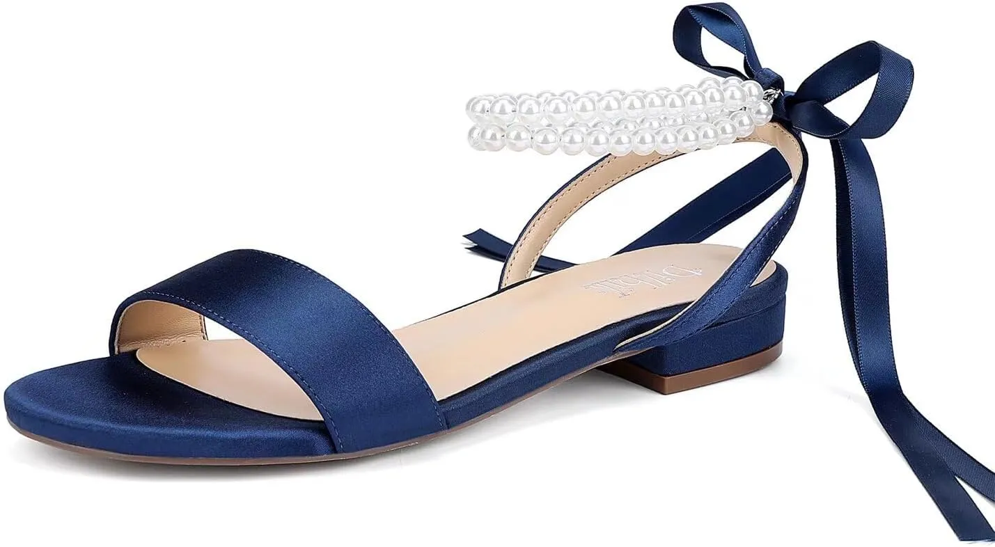 Satin Wedding Flats for Bride Pearl Sandals Open Toe Bridal Shoes Flat Wedding Shoes for Bride