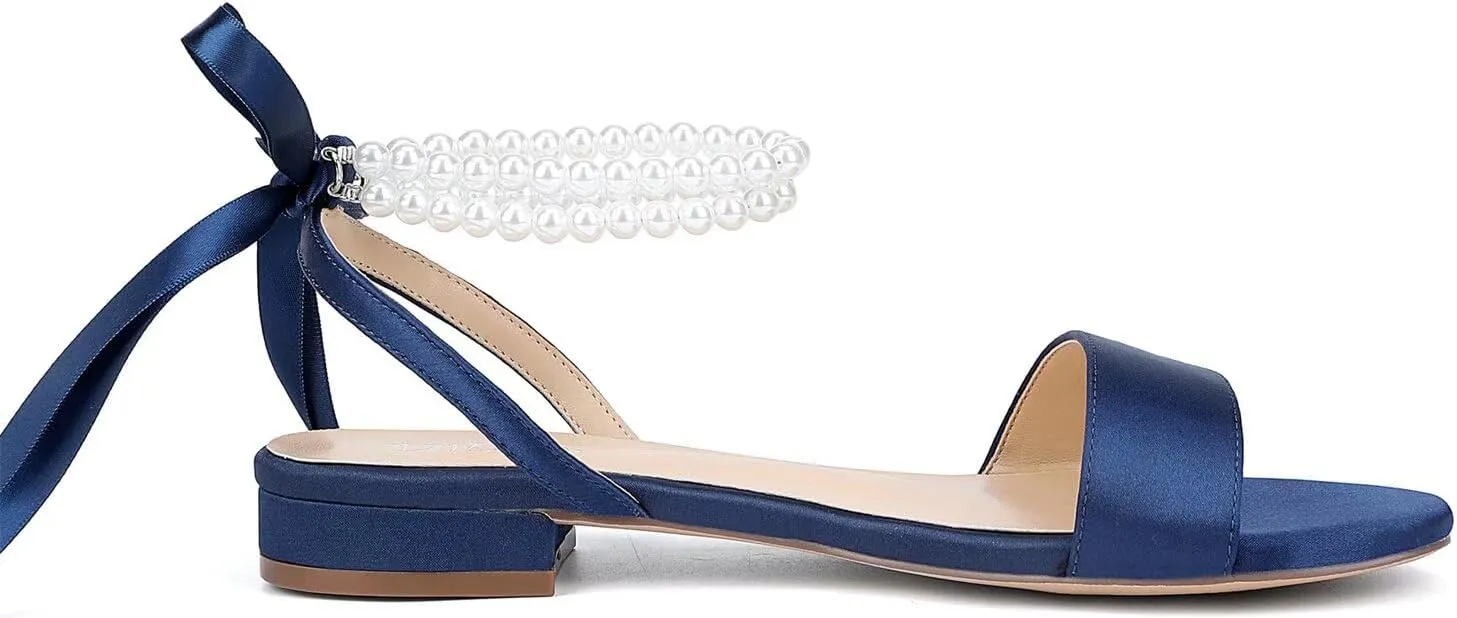 Satin Wedding Flats for Bride Pearl Sandals Open Toe Bridal Shoes Flat Wedding Shoes for Bride