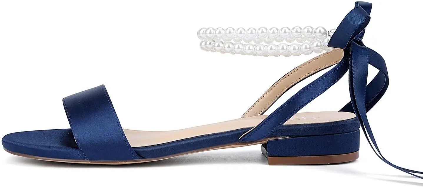 Satin Wedding Flats for Bride Pearl Sandals Open Toe Bridal Shoes Flat Wedding Shoes for Bride
