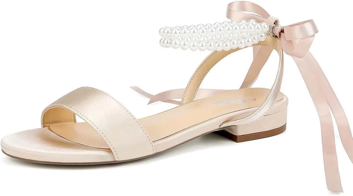 Satin Wedding Flats for Bride Pearl Sandals Open Toe Bridal Shoes Flat Wedding Shoes for Bride