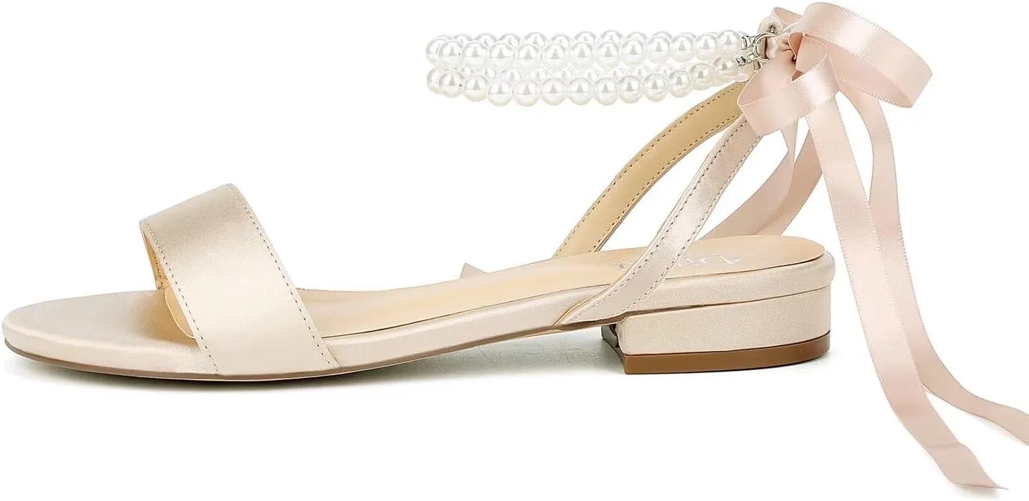 Satin Wedding Flats for Bride Pearl Sandals Open Toe Bridal Shoes Flat Wedding Shoes for Bride