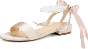 Satin Wedding Flats for Bride Pearl Sandals Open Toe Bridal Shoes Flat Wedding Shoes for Bride
