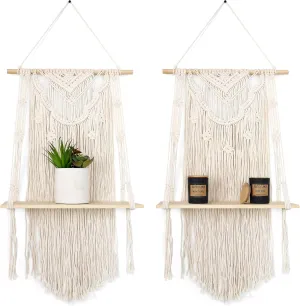 Set of 2 Handmade Macrame Wall Hanging Shelves-Decorative Floating Bohemian Shelf for Plants, Books and Vases - Woven Boho Shelving Display Unit for Homes or Office