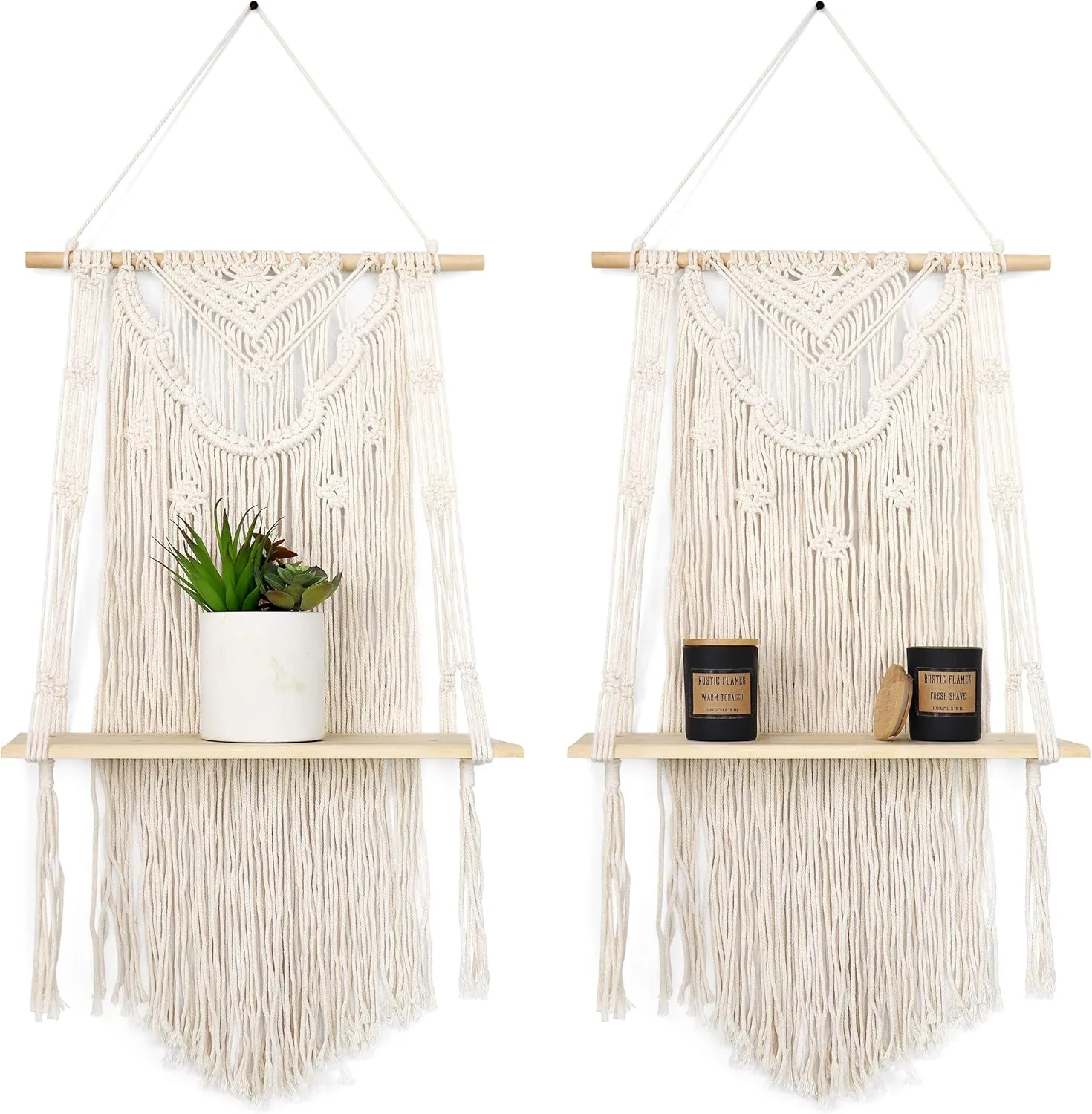 Set of 2 Handmade Macrame Wall Hanging Shelves-Decorative Floating Bohemian Shelf for Plants, Books and Vases - Woven Boho Shelving Display Unit for Homes or Office