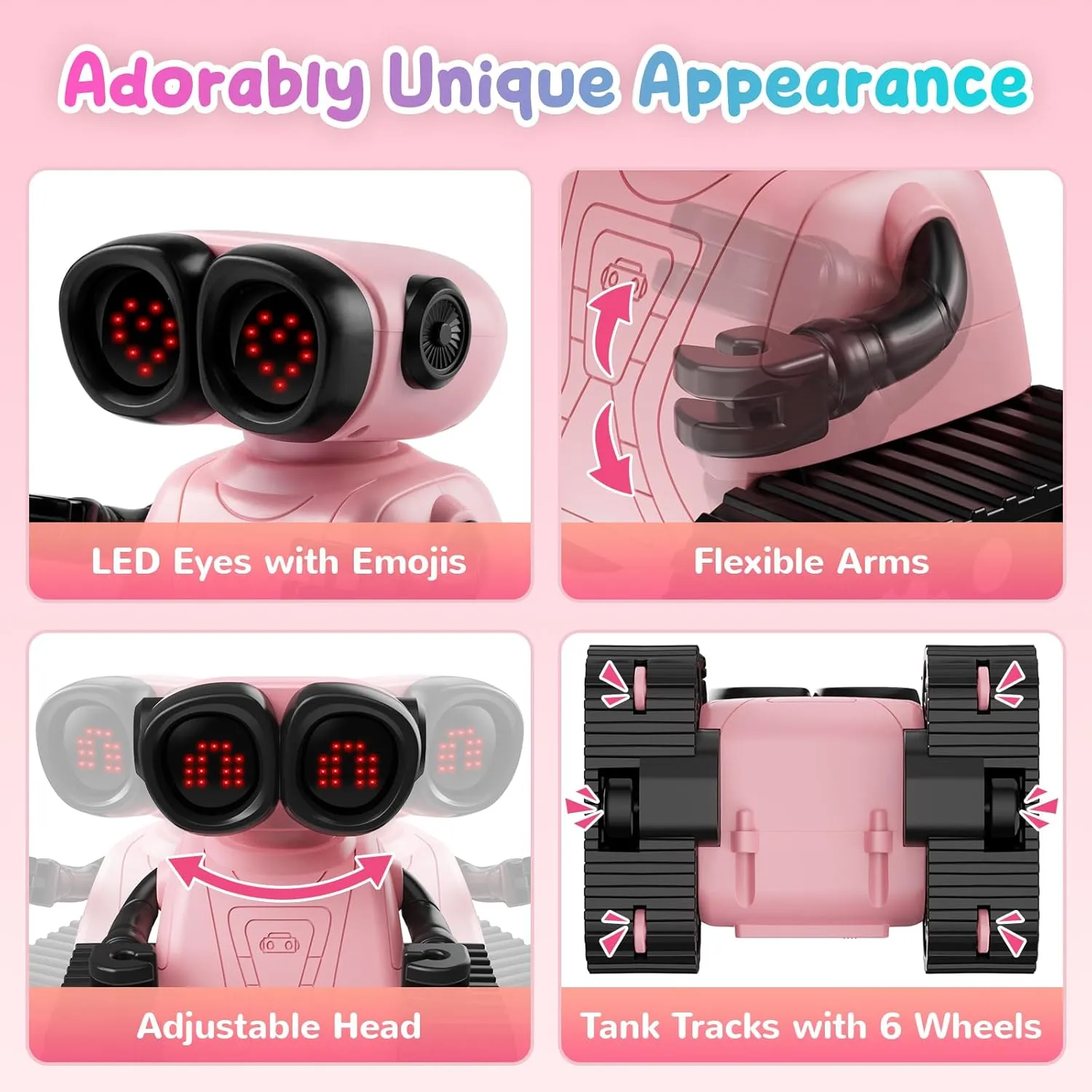 SGILE Remote Control Robot Toys with Music and Led Emojis Eyes, Auto-Demonstration, RC Rechargeable Emo Robots for Kids Age 3 4 5 6 7 Year Old Girls and Boys Gift Pink
