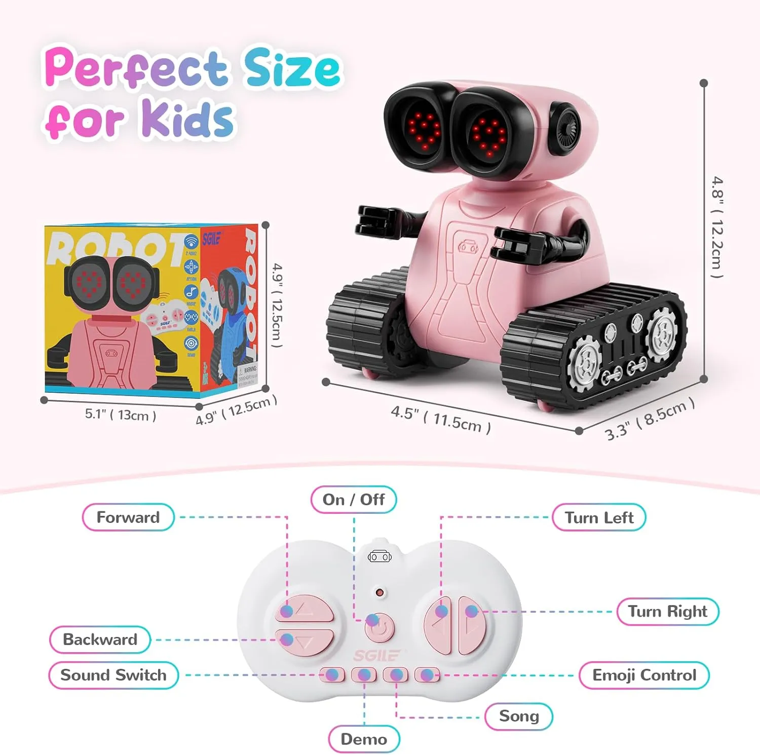 SGILE Remote Control Robot Toys with Music and Led Emojis Eyes, Auto-Demonstration, RC Rechargeable Emo Robots for Kids Age 3 4 5 6 7 Year Old Girls and Boys Gift Pink
