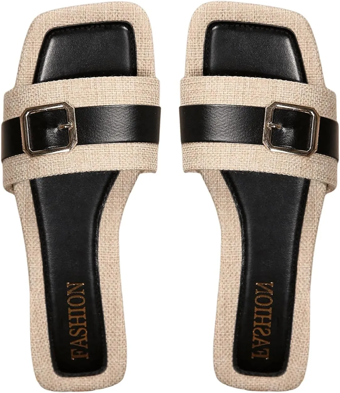 SHENHE Women's Colorblock Buckle Decor Flat Sandals Textured Square Open Toe Slide Shoes