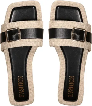 SHENHE Women's Colorblock Buckle Decor Flat Sandals Textured Square Open Toe Slide Shoes