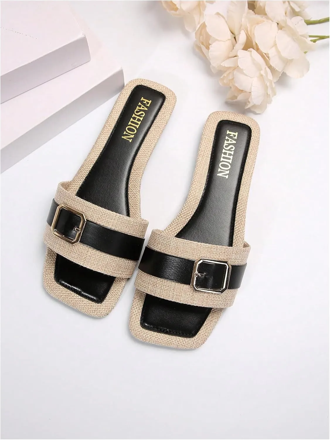 SHENHE Women's Colorblock Buckle Decor Flat Sandals Textured Square Open Toe Slide Shoes