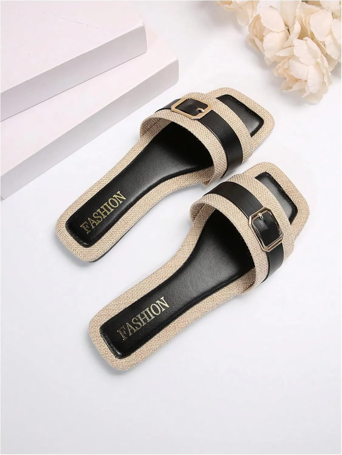 SHENHE Women's Colorblock Buckle Decor Flat Sandals Textured Square Open Toe Slide Shoes