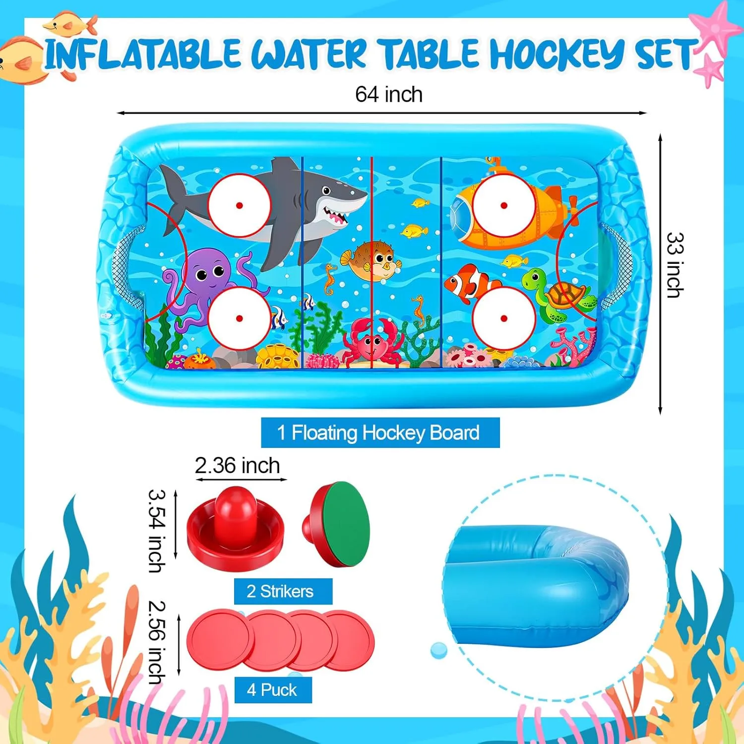 ShinyRelief Inflatable Pool Hockey Game Set for Kids, Floating Pool Toy with Puck and Pushers 65 x 33 in Water Swimming Training Game Toys for Boy Girl Teen Adults Summer Celebration