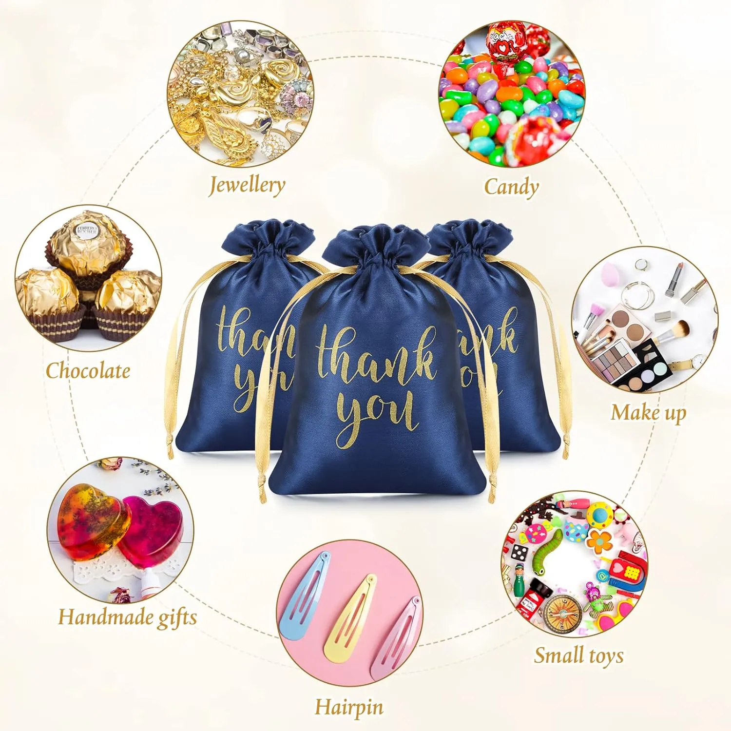 Sieral 50 Pcs Thank You Satin Gift Bags with Drawstring Jewelry Candy Bags for Wedding Bridal Shower Gift Wrap Bags for Birthday Party Anniversary Favor(Navy Blue,4 x 6 Inch)