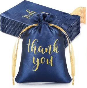 Sieral 50 Pcs Thank You Satin Gift Bags with Drawstring Jewelry Candy Bags for Wedding Bridal Shower Gift Wrap Bags for Birthday Party Anniversary Favor(Navy Blue,4 x 6 Inch)