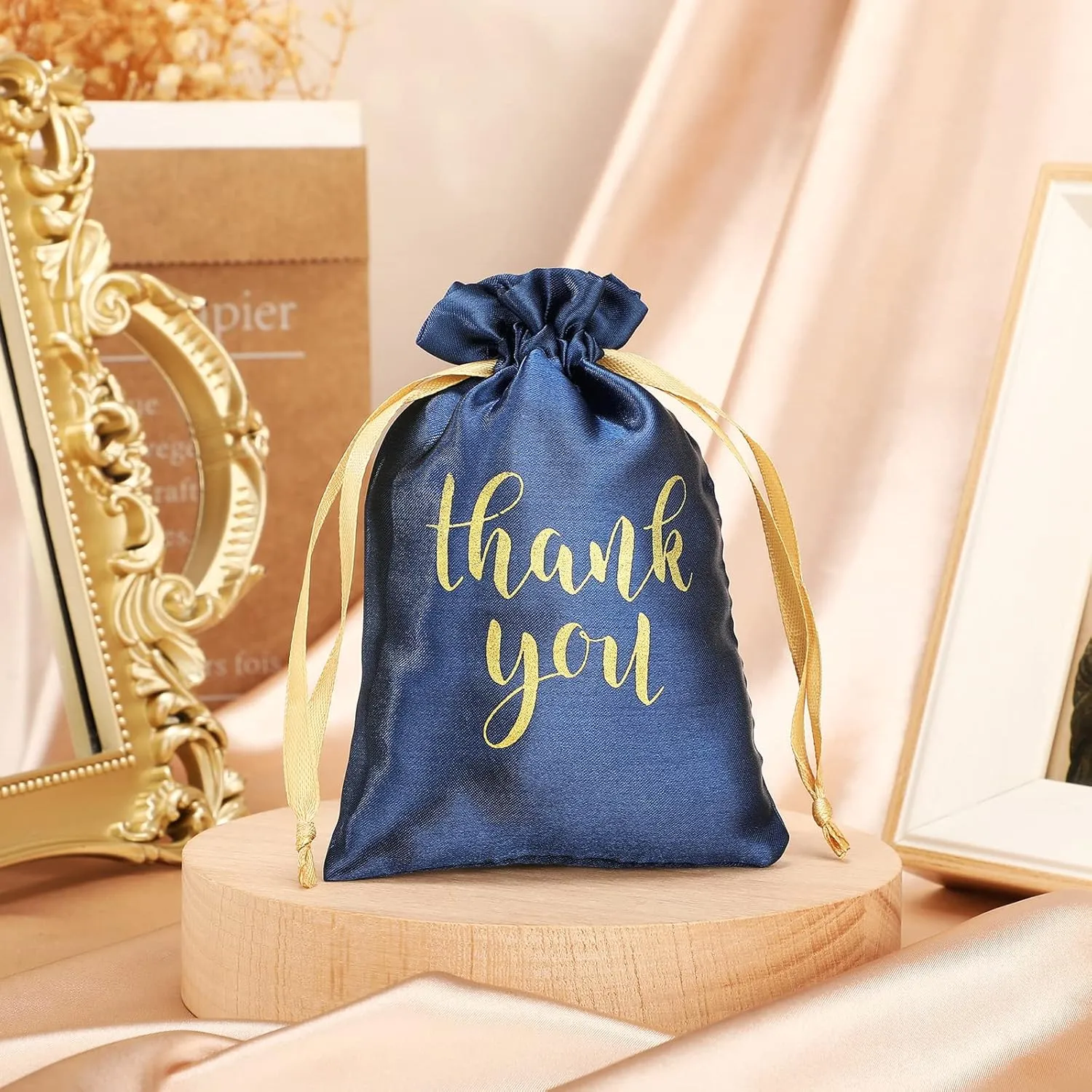 Sieral 50 Pcs Thank You Satin Gift Bags with Drawstring Jewelry Candy Bags for Wedding Bridal Shower Gift Wrap Bags for Birthday Party Anniversary Favor(Navy Blue,4 x 6 Inch)