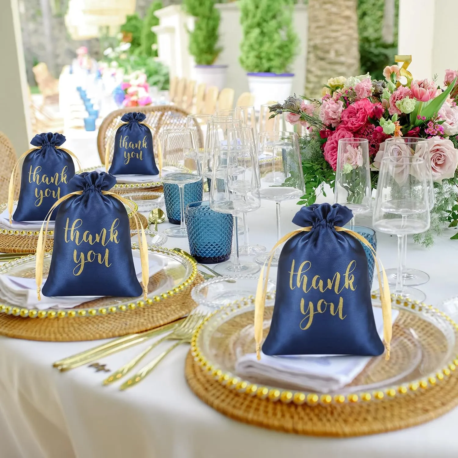 Sieral 50 Pcs Thank You Satin Gift Bags with Drawstring Jewelry Candy Bags for Wedding Bridal Shower Gift Wrap Bags for Birthday Party Anniversary Favor(Navy Blue,4 x 6 Inch)