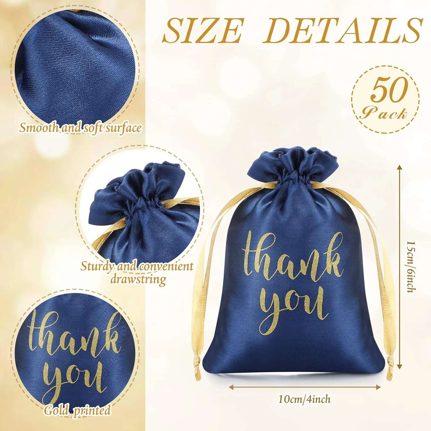 Sieral 50 Pcs Thank You Satin Gift Bags with Drawstring Jewelry Candy Bags for Wedding Bridal Shower Gift Wrap Bags for Birthday Party Anniversary Favor(Navy Blue,4 x 6 Inch)