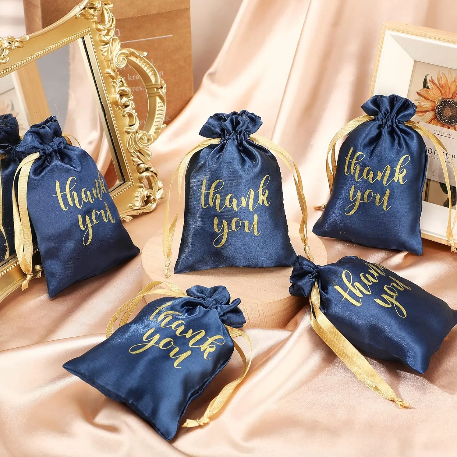 Sieral 50 Pcs Thank You Satin Gift Bags with Drawstring Jewelry Candy Bags for Wedding Bridal Shower Gift Wrap Bags for Birthday Party Anniversary Favor(Navy Blue,4 x 6 Inch)
