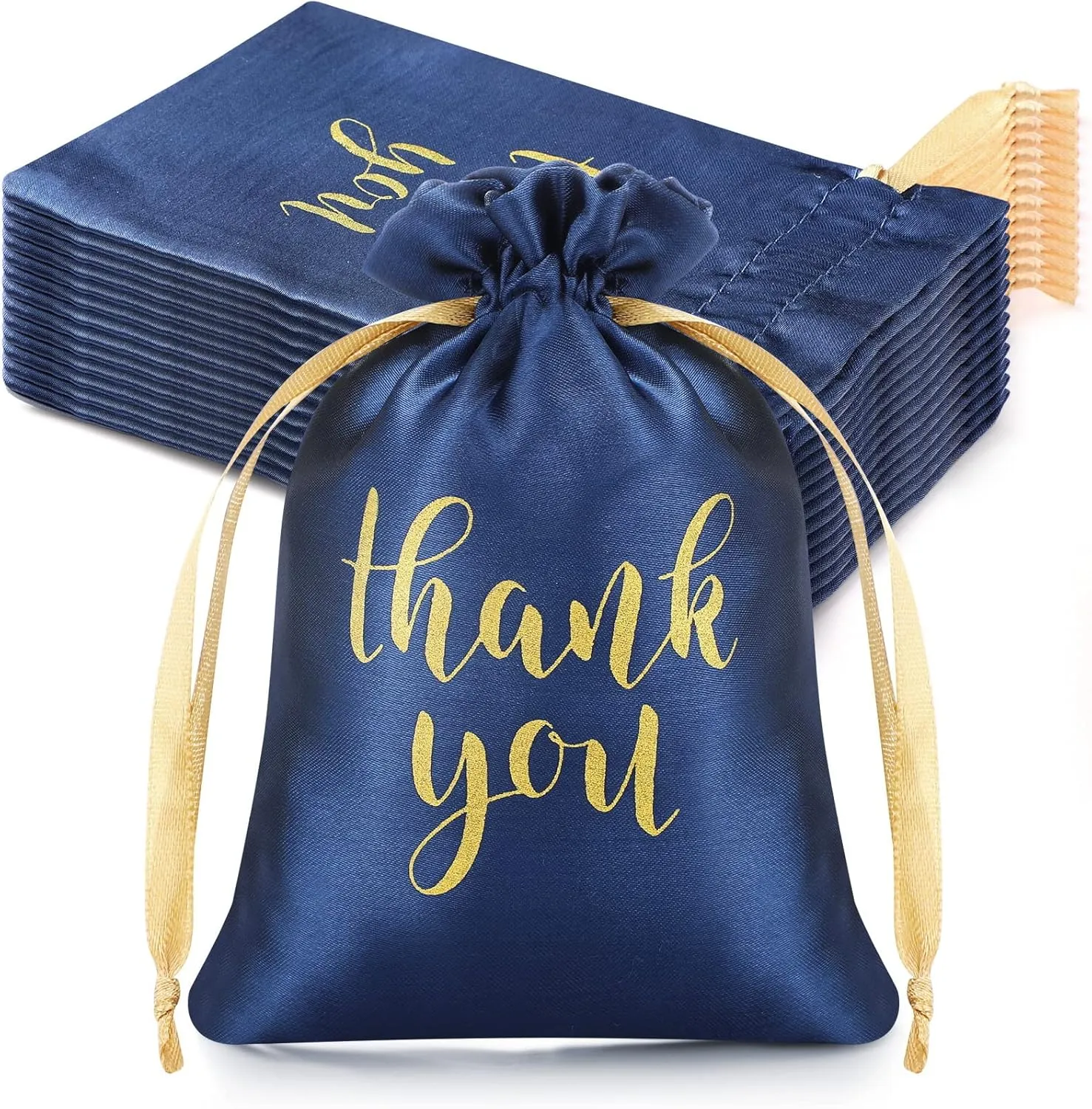 Sieral 50 Pcs Thank You Satin Gift Bags with Drawstring Jewelry Candy Bags for Wedding Bridal Shower Gift Wrap Bags for Birthday Party Anniversary Favor(Navy Blue,4 x 6 Inch)