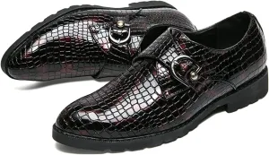 Single Season Dress Shoes for Men Slip On Crocodile Embossed Monk Strap PU Leather Slip Resistant Anti-Slip Block Heel Low Top Rubber Sole Outdoor Very Popular Among Young People (Color