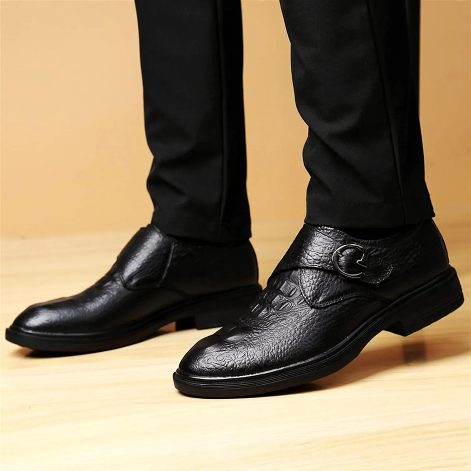 Single Season Oxford Shoes for Men Slip on Crocodile Embossed Monk Strap Leather Slip Resistant Low Top Block Heel Rubber Sole Anti-Slip Outdoor Very Popular Among Young People