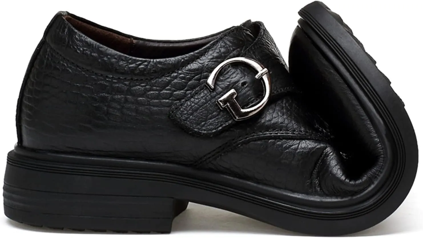 Single Season Oxford Shoes for Men Slip on Crocodile Embossed Monk Strap Leather Slip Resistant Low Top Block Heel Rubber Sole Anti-Slip Outdoor Very Popular Among Young People