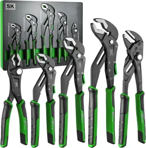 SK 5-Piece Pliers Set, 8" Adjustable Joint Plier, 8", 10" and 12" Quick Adjust V-Jaw Groove Joint Pliers, 10" Plier Wrench, Premium CR-V Construction, with EVA Foam Tool Organizer