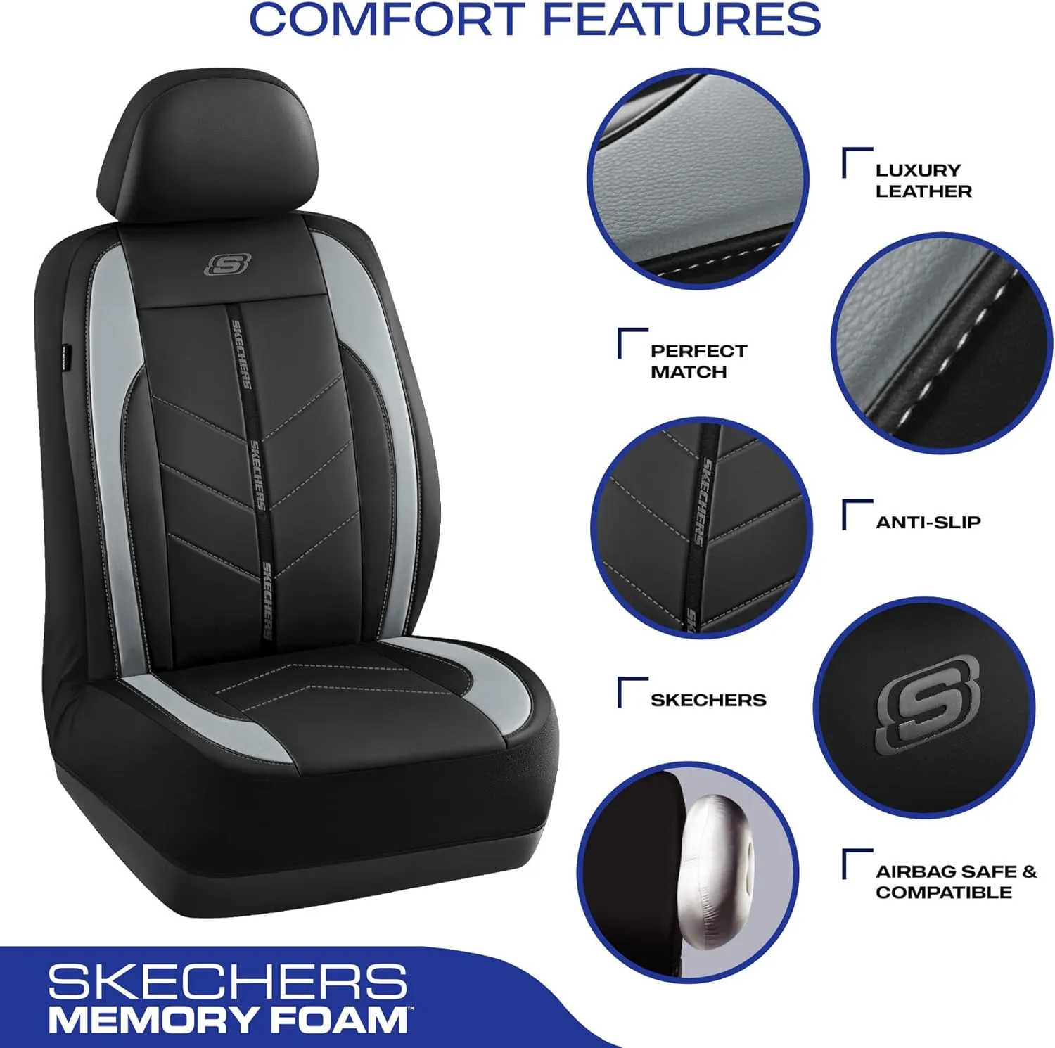 Skechers Car Seat Covers,Luxury Faux Leather Seat Covers,Waterproof Anti Slip Car Seat ProtectorFull Set,Car Accessories Airbag Universal Fit for Most Cars,Vans,Trucks,SUV,Grey