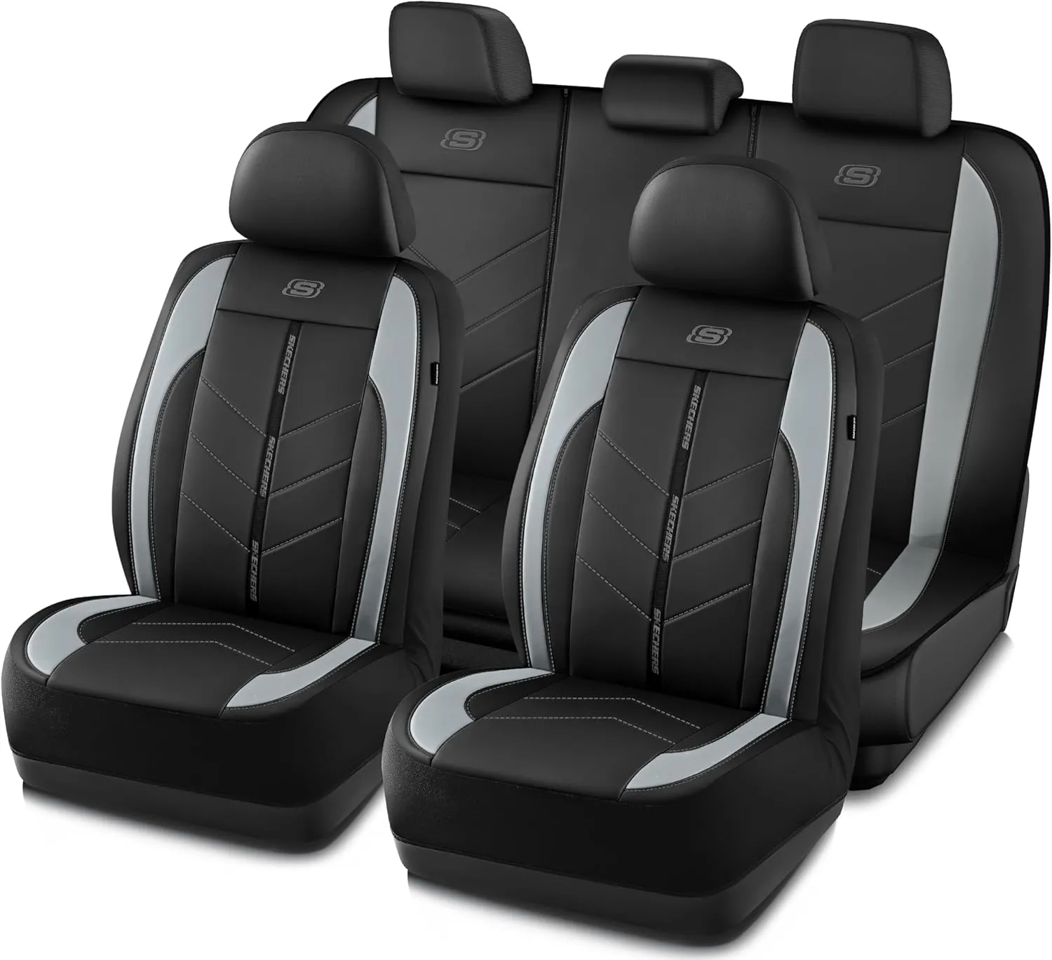 Skechers Car Seat Covers,Luxury Faux Leather Seat Covers,Waterproof Anti Slip Car Seat ProtectorFull Set,Car Accessories Airbag Universal Fit for Most Cars,Vans,Trucks,SUV,Grey