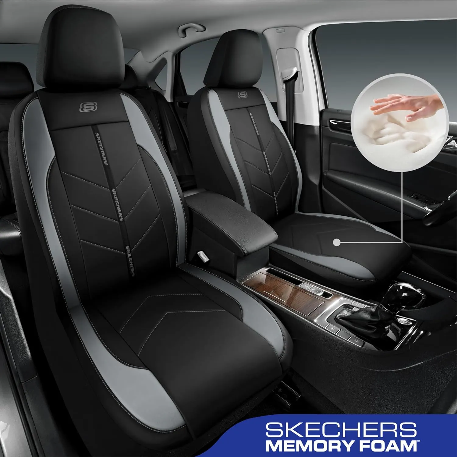Skechers Car Seat Covers,Luxury Faux Leather Seat Covers,Waterproof Anti Slip Car Seat ProtectorFull Set,Car Accessories Airbag Universal Fit for Most Cars,Vans,Trucks,SUV,Grey