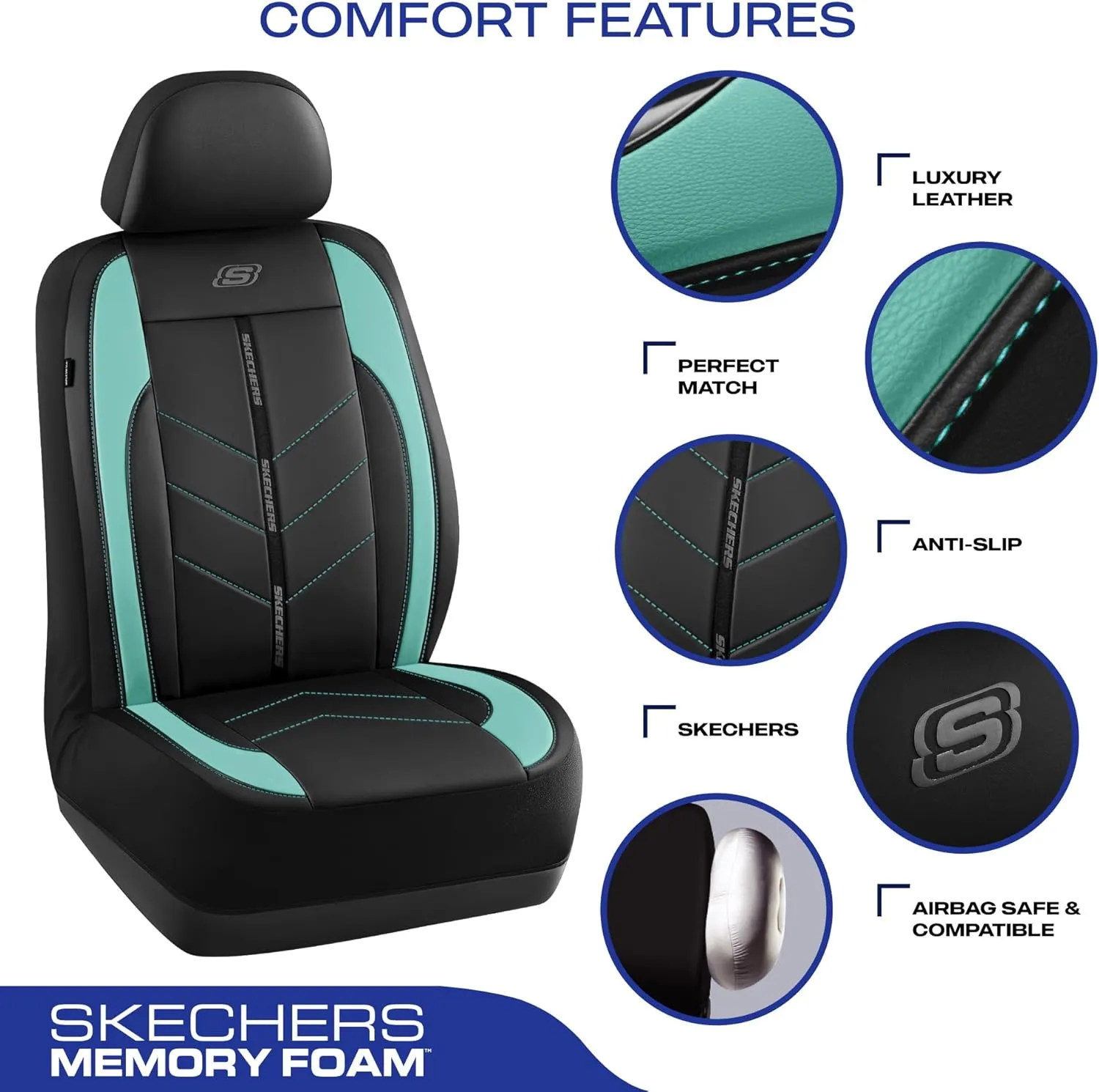 Skechers Car Seat Covers,Luxury Faux Leather Seat Covers,Waterproof Anti Slip Car Seat ProtectorFull Set,Car Accessories Airbag Universal Fit for Most Cars,Vans,Trucks,SUV,Mint