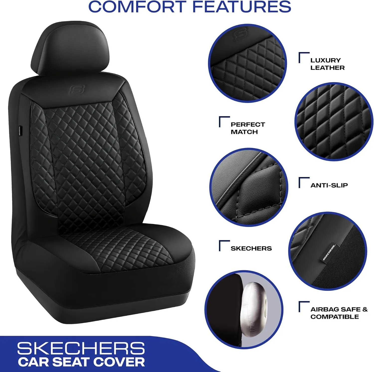 Skechers Car Seat Covers,Piping Luxury Faux Seat Covers,Waterproof Anti Slip Car Seat Protector Front Seats,Car Accessories Airbag Universal Fit for Most Cars,Vans,Trucks,SUV,Black