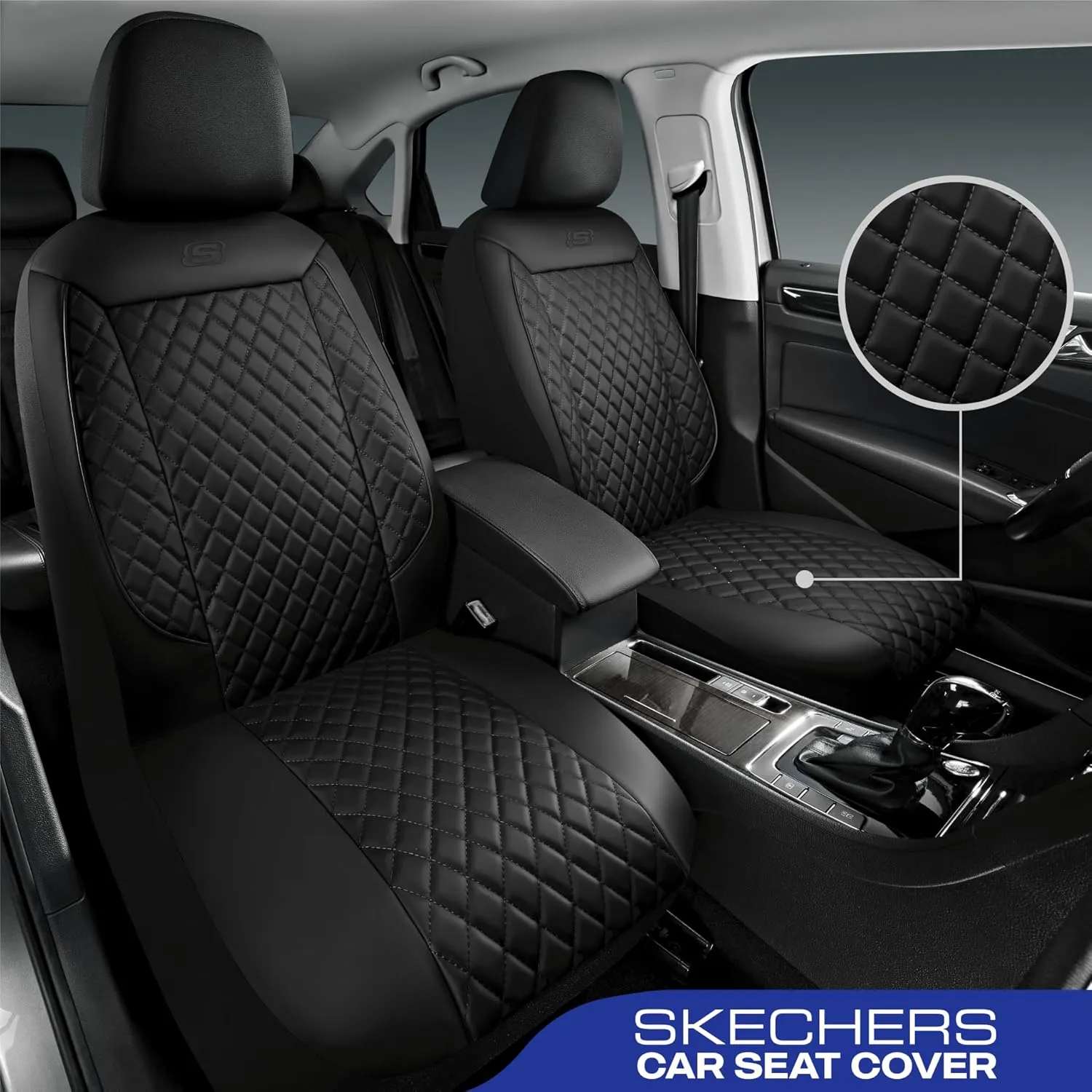 Skechers Car Seat Covers,Piping Luxury Faux Seat Covers,Waterproof Anti Slip Car Seat Protector Front Seats,Car Accessories Airbag Universal Fit for Most Cars,Vans,Trucks,SUV,Black