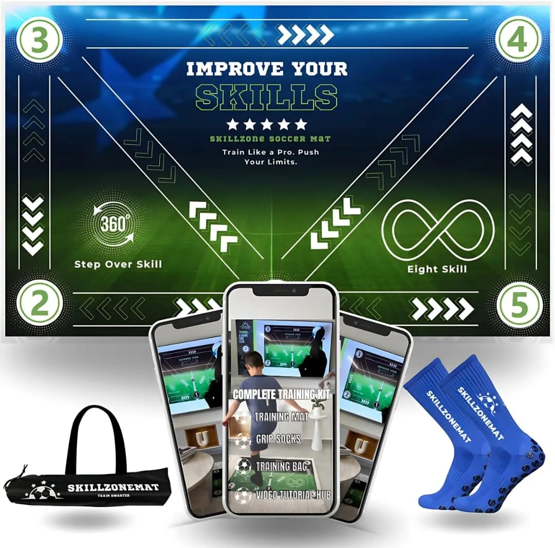 SkillZone Soccer Training Mat - Complete Set with Video Hub | Includes Grip Socks & Carry Bag | Non-Slip, Ultra-Thick & Wide for Agility, Ball Control & Mastery | Indoor & Outdoor Soccer Trainer for All Ages