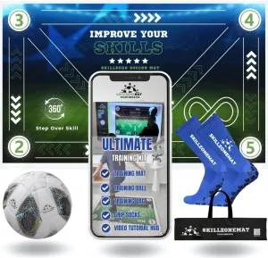 SkillZone Soccer Training Mat - Ultimate Soccer Pack with Training Ball, Video Hub, Grip Socks & Carry Bag | Extra-Wide, Ultra-Thick for Agility & Ball Mastery | Indoor & Outdoor Soccer Trainer