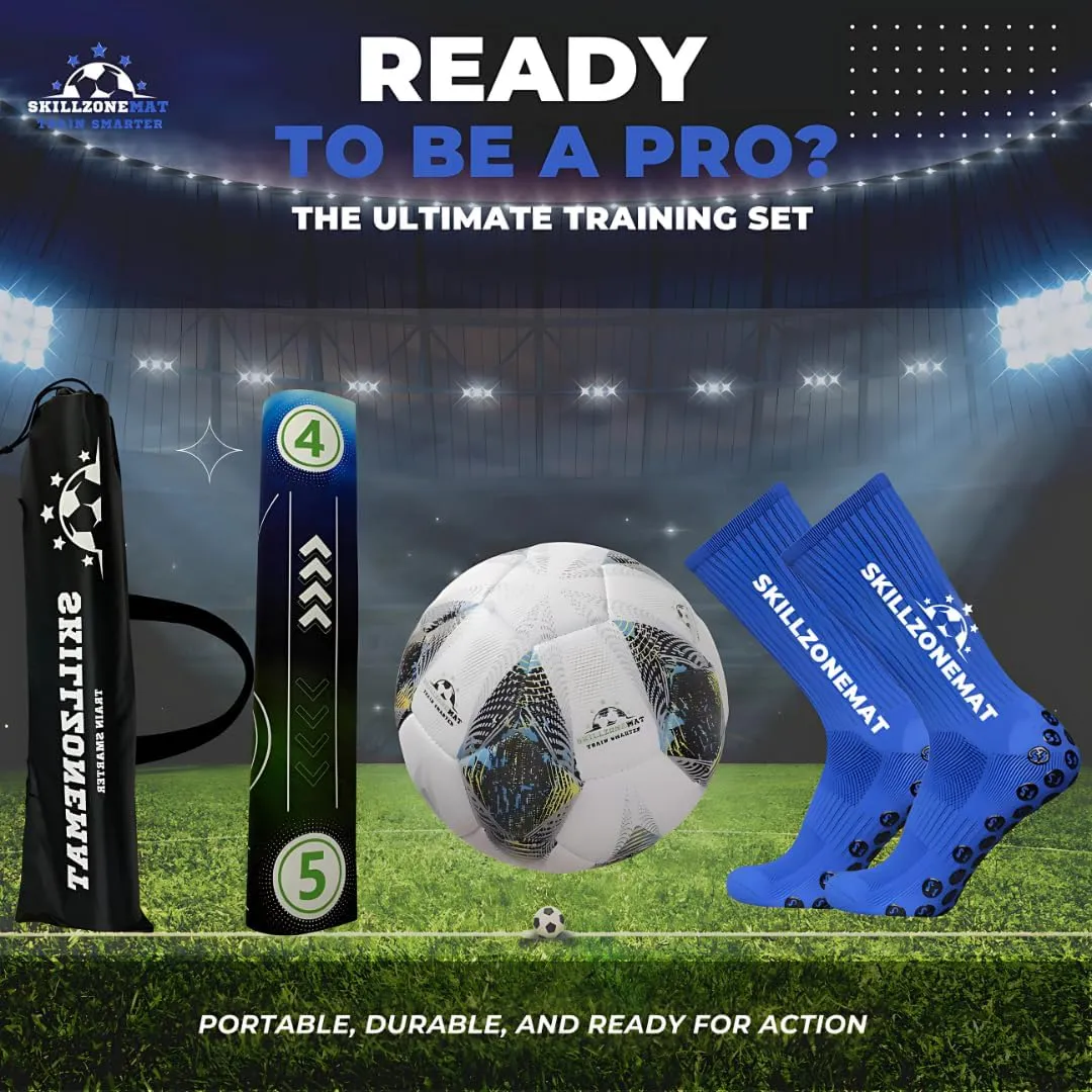 SkillZone Soccer Training Mat - Ultimate Soccer Pack with Training Ball, Video Hub, Grip Socks & Carry Bag | Extra-Wide, Ultra-Thick for Agility & Ball Mastery | Indoor & Outdoor Soccer Trainer