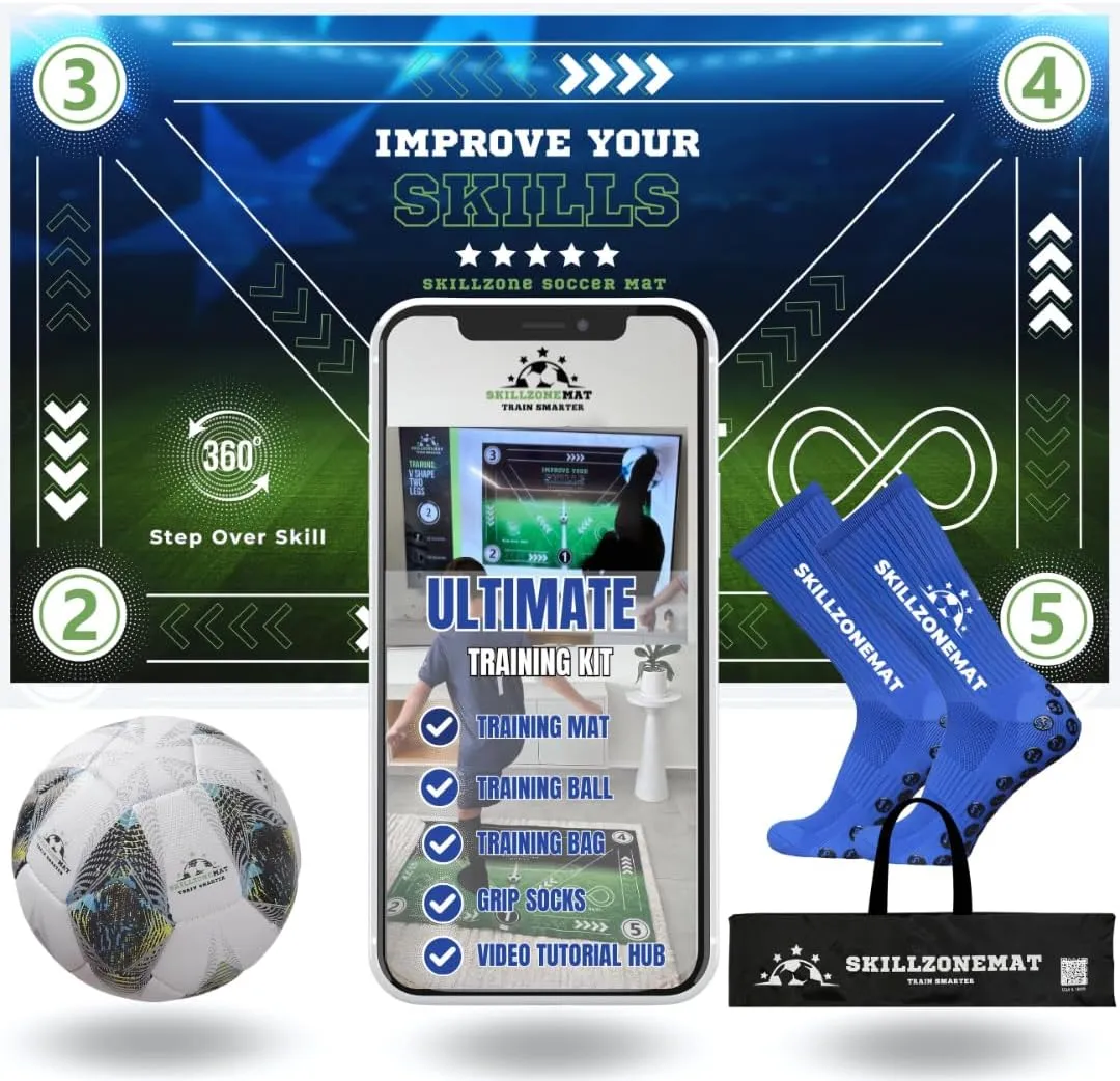 SkillZone Soccer Training Mat - Ultimate Soccer Pack with Training Ball, Video Hub, Grip Socks & Carry Bag | Extra-Wide, Ultra-Thick for Agility & Ball Mastery | Indoor & Outdoor Soccer Trainer