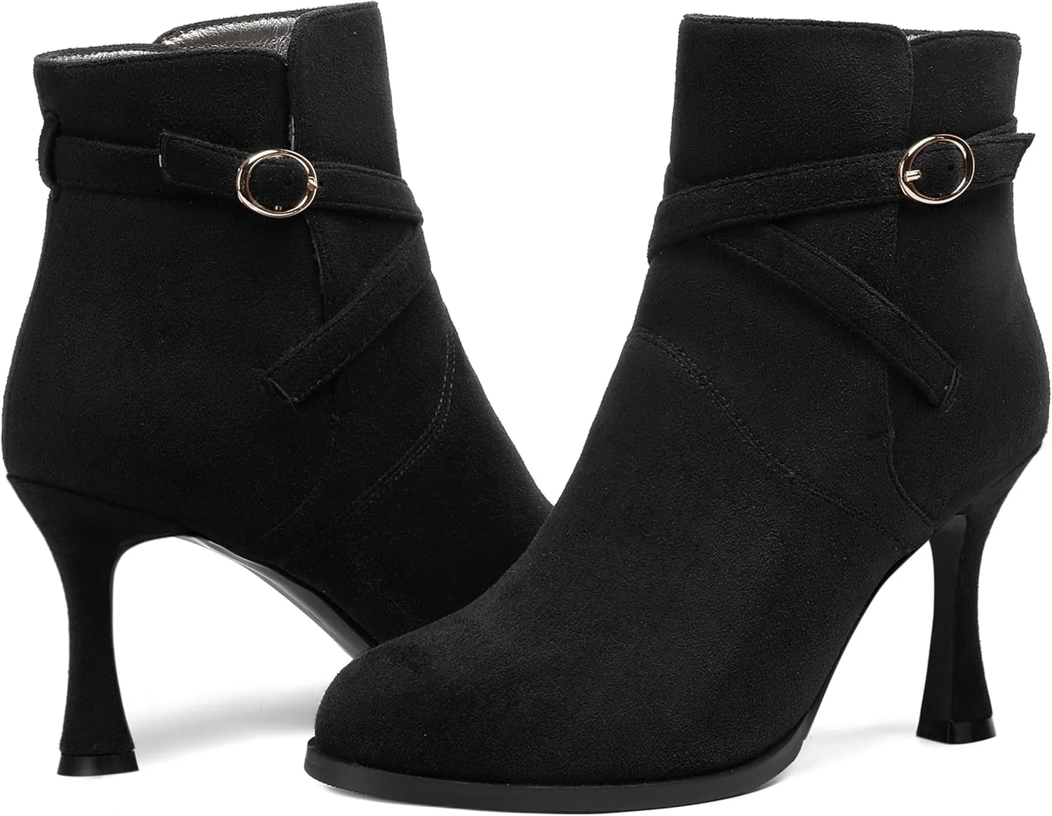 SKYSTERRY Womens Fashion Wedding Buckle Suede Round Toe Spool High Heel Ankle High Boots 3.3 Inch