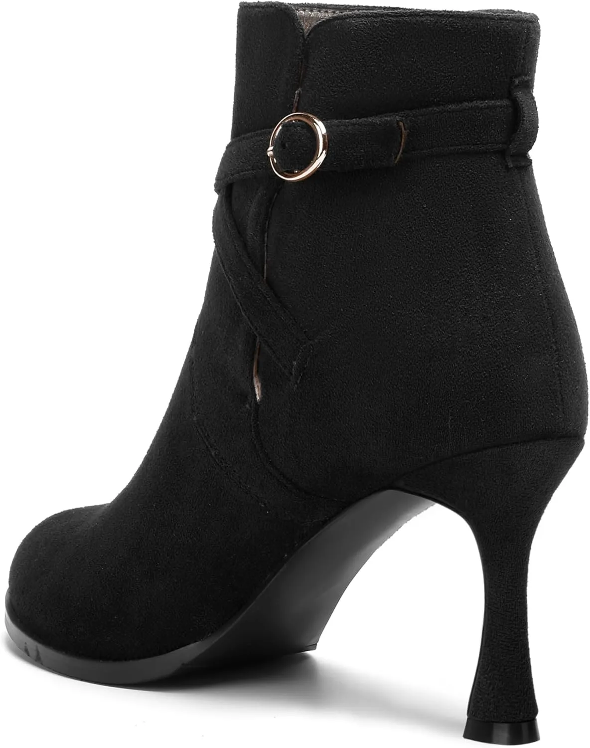 SKYSTERRY Womens Fashion Wedding Buckle Suede Round Toe Spool High Heel Ankle High Boots 3.3 Inch