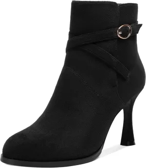 SKYSTERRY Womens Fashion Wedding Buckle Suede Round Toe Spool High Heel Ankle High Boots 3.3 Inch