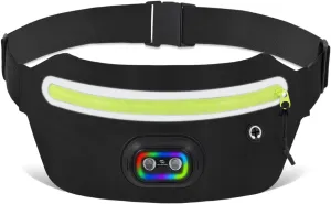 Slim Fanny Pack for Men Women, Running Belt Bag Waist Pack with Removable Rechargeable RGB Night Light & Reflective Tape, Running Pouch Belt Phone Holder with Earphones Hole