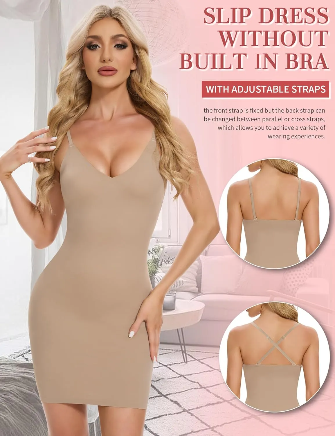 SLIMBELLE Shapewear Slips For Under Dress Deep V Neck Adjustable Strap Tummy Control Full Slip Seamless Shaper For Women