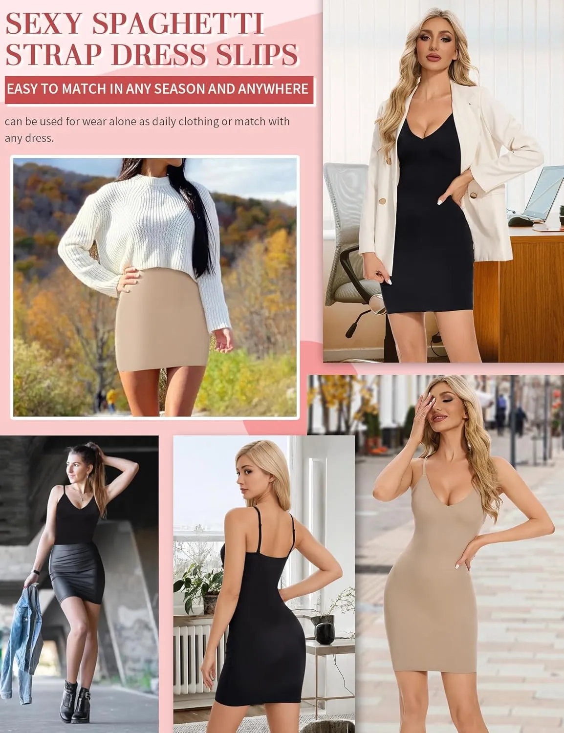 SLIMBELLE Shapewear Slips For Under Dress Deep V Neck Adjustable Strap Tummy Control Full Slip Seamless Shaper For Women