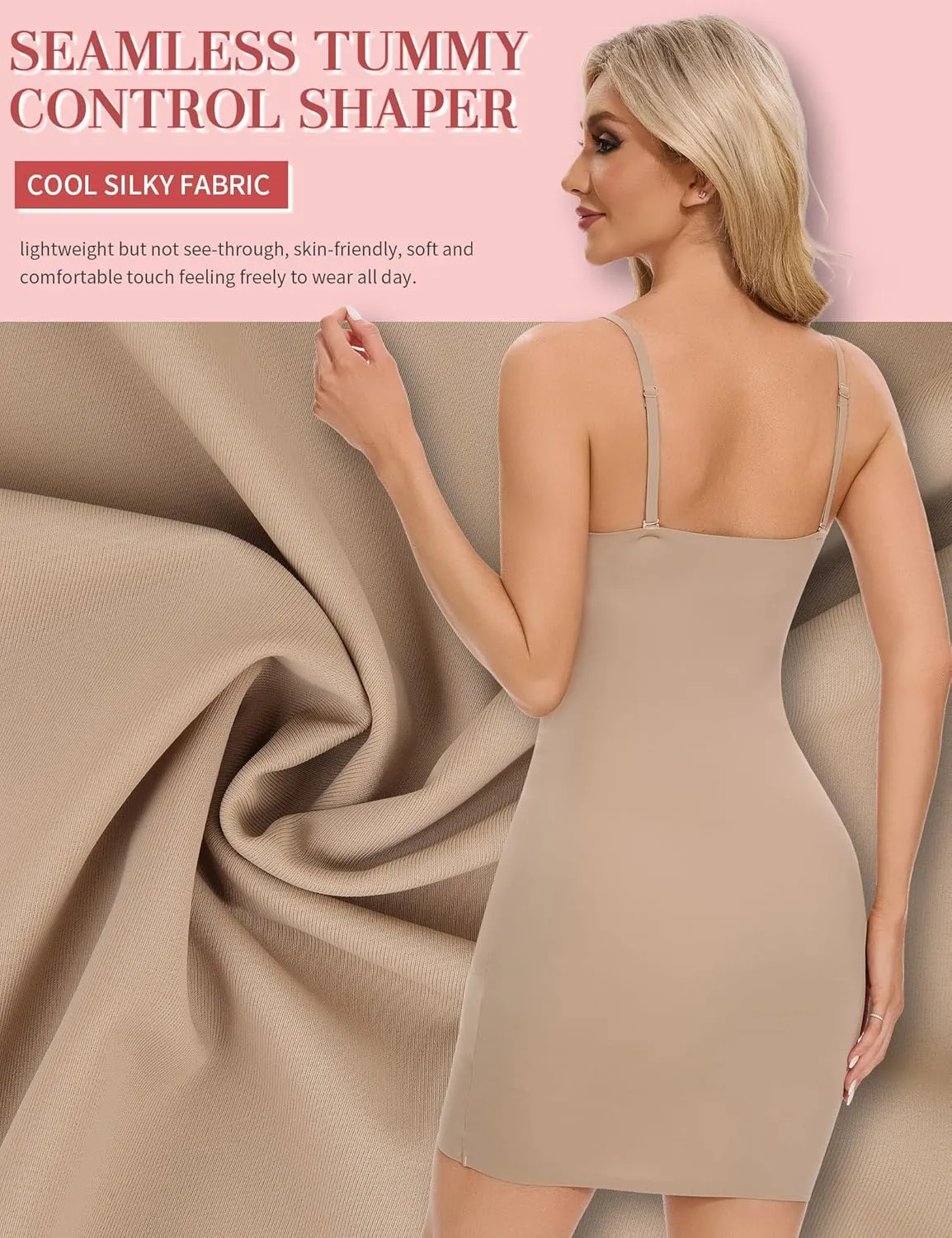 SLIMBELLE Shapewear Slips For Under Dress Deep V Neck Adjustable Strap Tummy Control Full Slip Seamless Shaper For Women