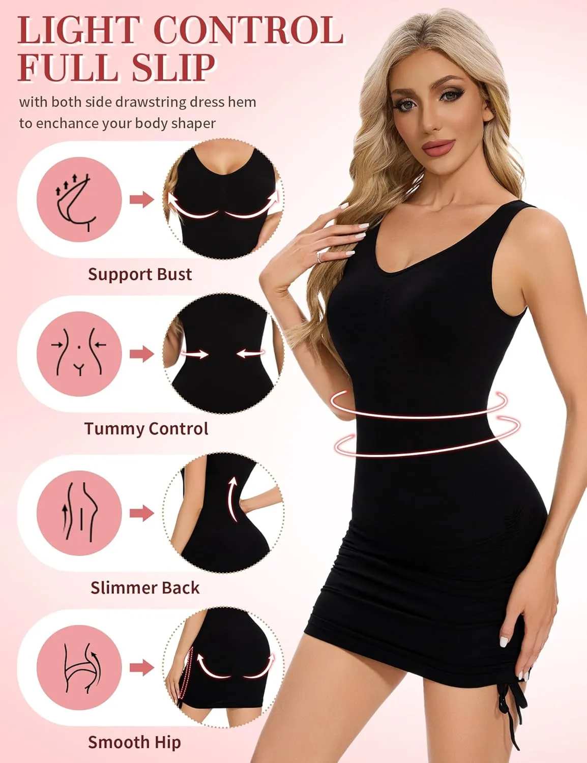 SLIMBELLE Slip For Women Under Dress Tummy Control V Neck Drawstring Shapewear Full Slip Seamless Cami Long Body Shaper