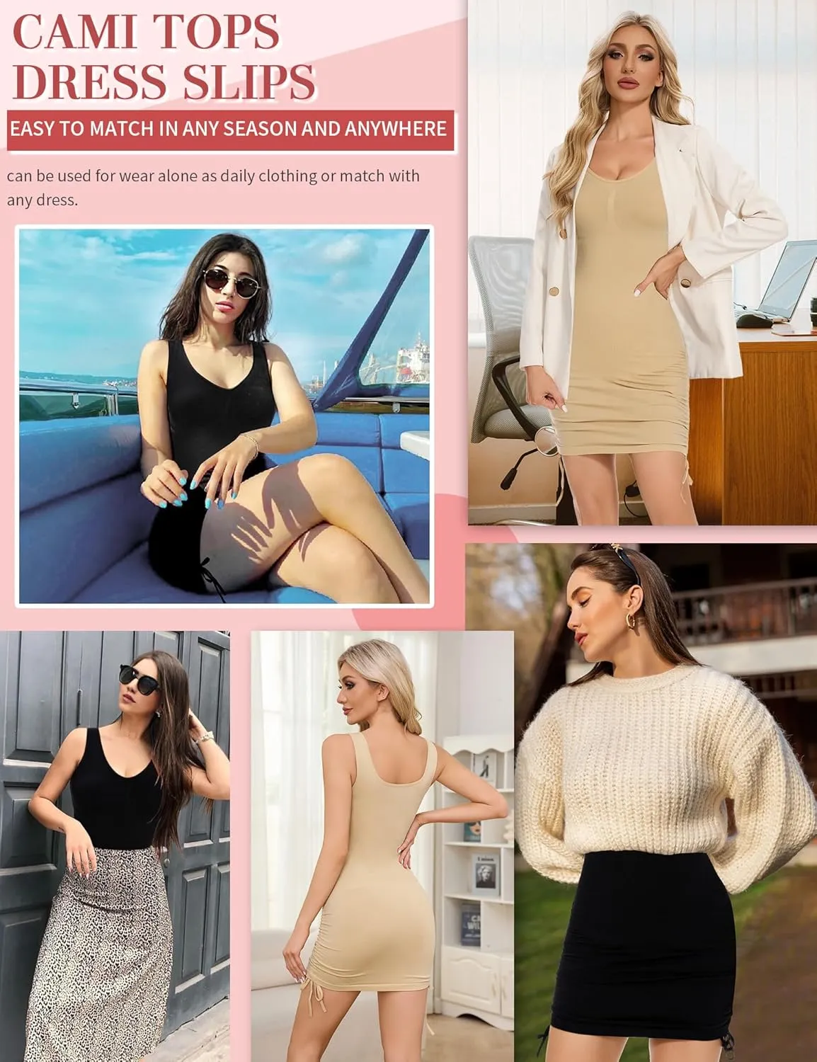 SLIMBELLE Slip For Women Under Dress Tummy Control V Neck Drawstring Shapewear Full Slip Seamless Cami Long Body Shaper