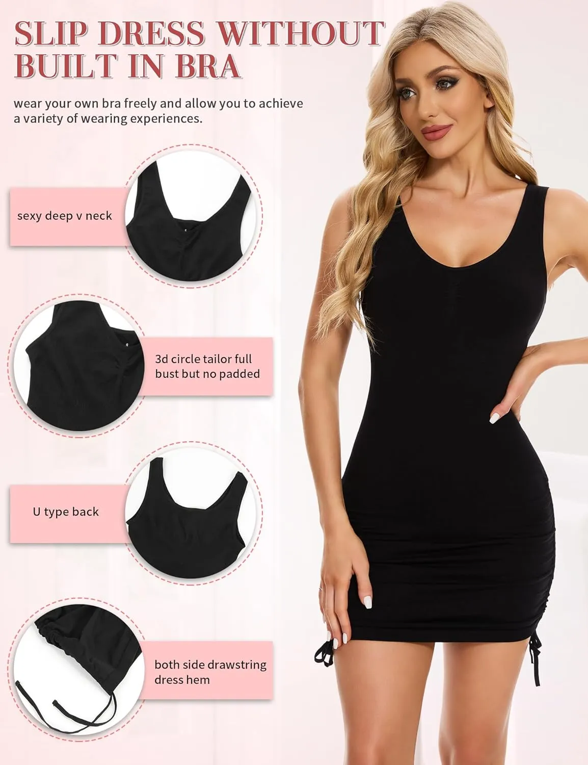 SLIMBELLE Slip For Women Under Dress Tummy Control V Neck Drawstring Shapewear Full Slip Seamless Cami Long Body Shaper