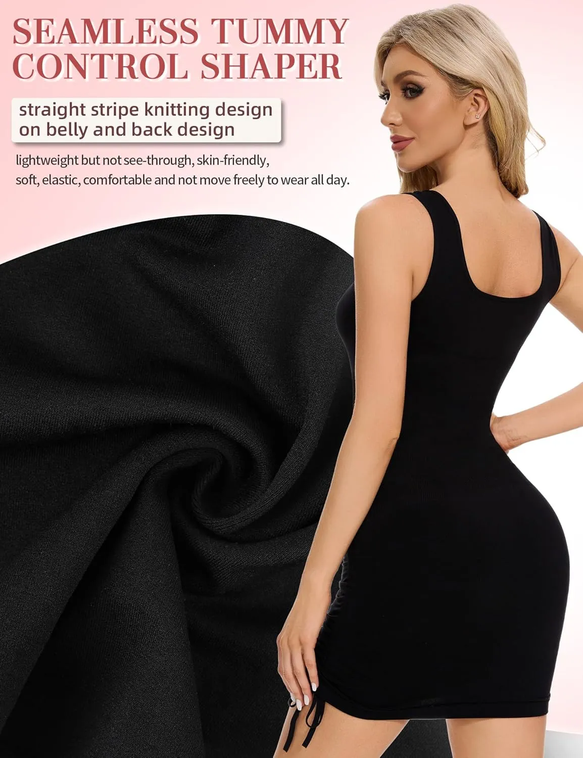 SLIMBELLE Slip For Women Under Dress Tummy Control V Neck Drawstring Shapewear Full Slip Seamless Cami Long Body Shaper