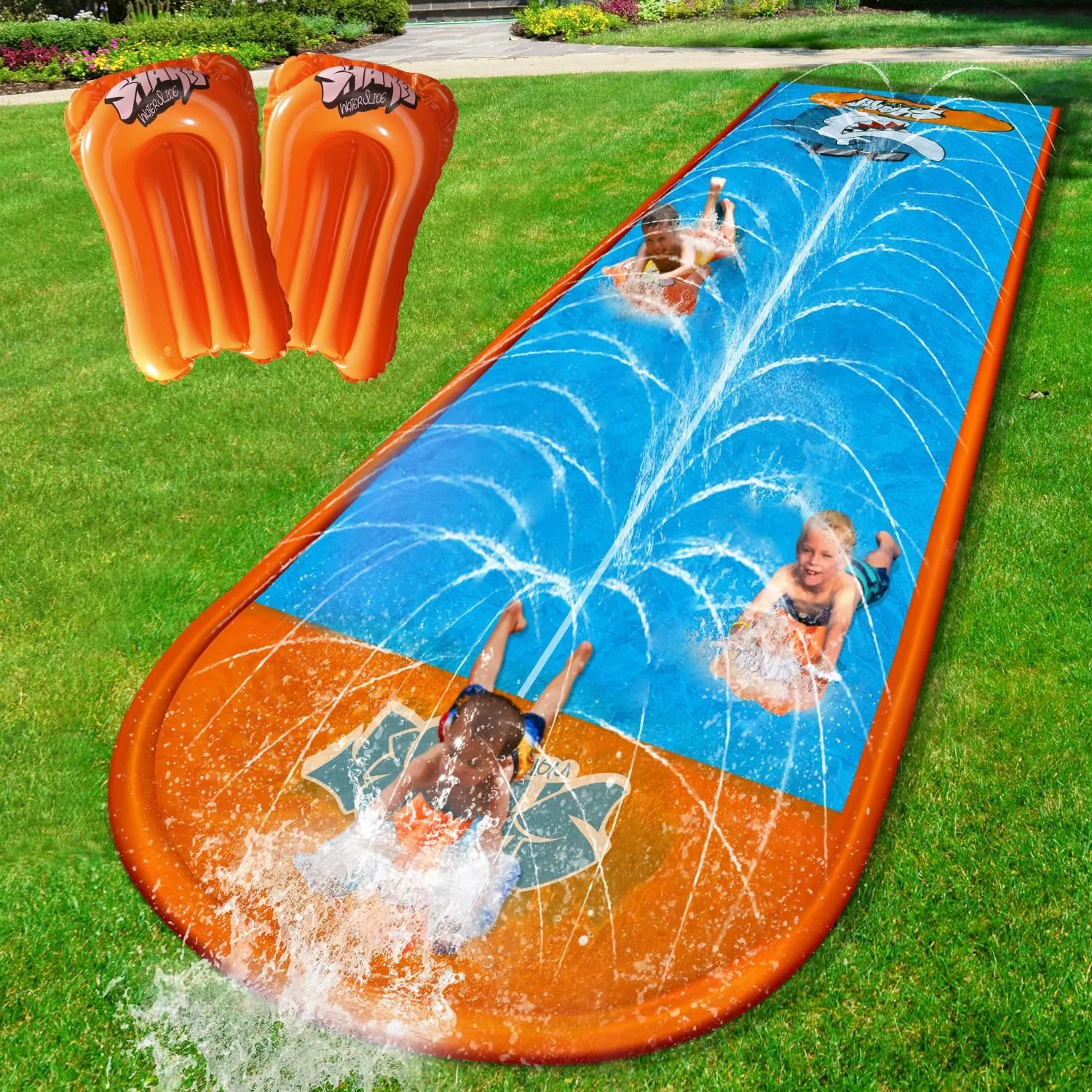 Slip Water Slide,17ftx2 Lane Slip Water Slide for Kids Backyard Lawn,Summer Water Toys Outdoor Sprinkler with 2 Sliding Racing Lanes and 2 Inflatable Bodyboards
