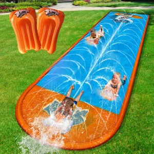 Slip Water Slide,17ftx2 Lane Slip Water Slide for Kids Backyard Lawn,Summer Water Toys Outdoor Sprinkler with 2 Sliding Racing Lanes and 2 Inflatable Bodyboards